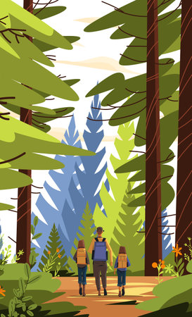 Family hiking in forest nature scene colorful trees father and two children walking on a trail lush greenery outdoor adventureのイラスト素材