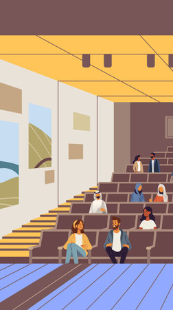 People in theater auditorium watching performance diverse audience seating modern interiorのイラスト素材