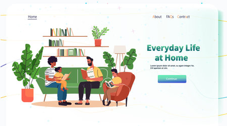 Family reading together at home cozy living room with bookshelves plants and furniture website designのイラスト素材