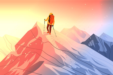Mountain climber reaching summit at sunrise adventure concept hiker in yellow jacket with trekking poles on snowy peak colorful gradient background landscapeのイラスト素材