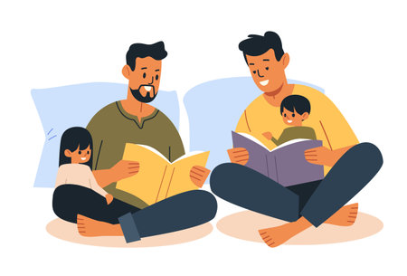 Family reading time parents children books sitting together cozy home setting colorfulのイラスト素材