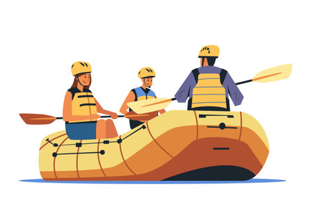 People rafting in inflatable boat wearing helmets and life vests paddling on water outdoor adventure activity isolated on white backgroundのイラスト素材