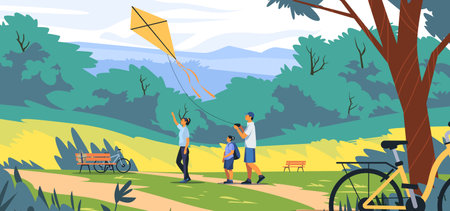 Family flying kite in park vibrant outdoor scene with trees bicycles and benches colorful landscapeのイラスト素材