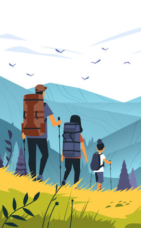 Family hiking mountain landscape outdoor adventure. Illustration depicts a family of three hiking in scenic mountains with backpacks and trekking poles vibrant colors natureのイラスト素材