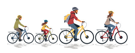 Family cycling outdoor activity healthy lifestyle. Illustration depicts a family of four riding bicycles with helmets on a white background. Perfect for website design or bannerのイラスト素材