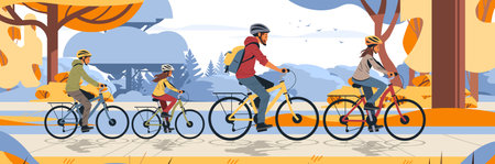 Family biking in autumn park scene colorful trees parents children wearing helmets cycling nature background outdoor activityのイラスト素材