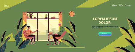 Elderly man woman chatting indoors plants window clock green background website designのイラスト素材