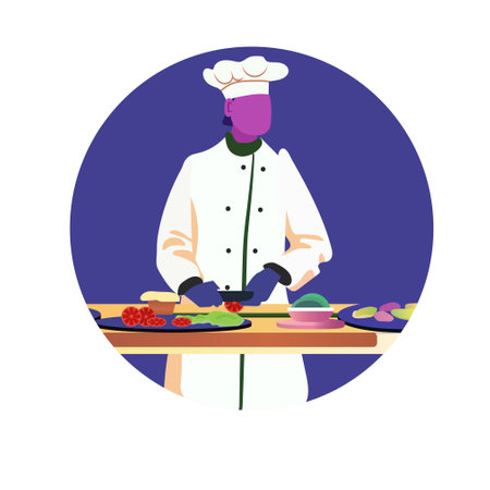 Chef preparing healthy meal food longevity lifestyle concept. Chef chopping vegetables on a cutting board in a kitchen setting with vibrant colors and a circular backgroundのイラスト素材
