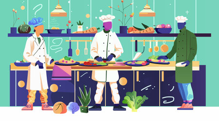 Professional chefs preparing healthy meals in a modern kitchen vibrant colors vegetables culinary teamwork contemporary design elementsのイラスト素材