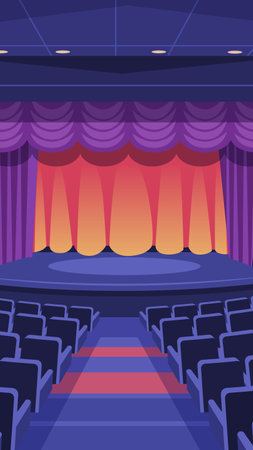 Theater stage with red curtains empty auditorium purple seats blue interior stage lightsのイラスト素材