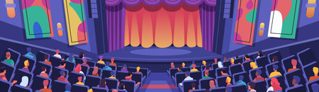 Audience in theater auditorium colorful scene with stage curtains and abstract wall art. Diverse people seated facing the stage vibrant atmosphereのイラスト素材