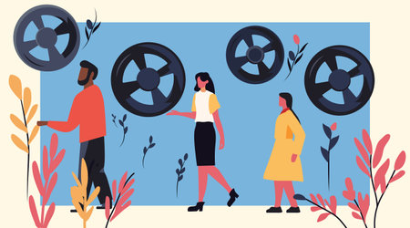 Cinema theater people attending film reels. Diverse individuals walking near large movie reels surrounded by abstract foliage. Bright colors and modern flat designのイラスト素材