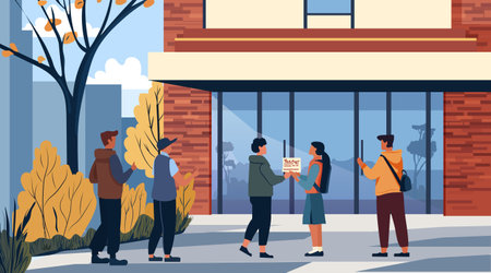 People standing in line for cinema tickets outdoor scene with modern building autumn trees and cityscape background flat colorsのイラスト素材