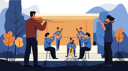 Orchestra performance outdoor concert musicians playing instruments colorful scenery trees abstract background modern designのイラスト素材