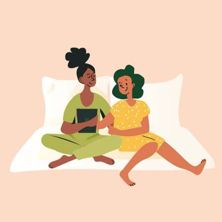 Mother and daughter bonding family time cozy home setting reading book on bed warm colors cartoon styleのイラスト素材