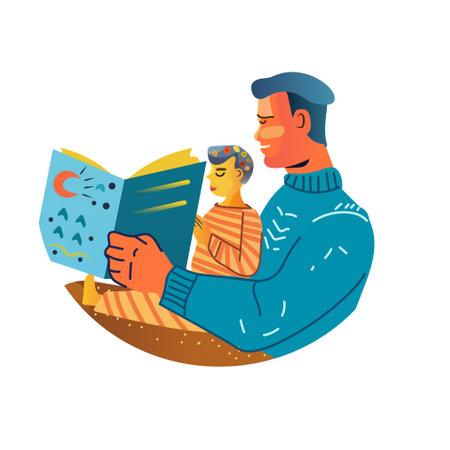 Father reading book to child family bonding. Bright colorful illustration of man in blue sweater reading to kid in striped pajamasのイラスト素材