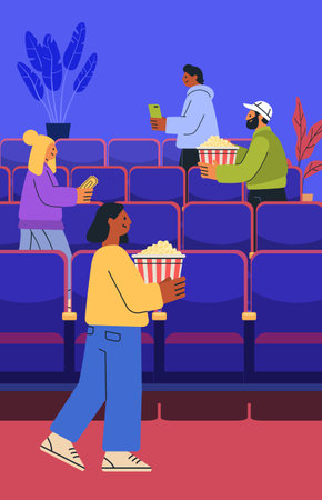 People in cinema holding popcorn and tickets colorful scene with blue seats and indoor plants modern flat styleのイラスト素材