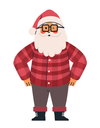 Santa Claus hipster style wearing glasses red plaid shirt brown pants boots modern festive character designのイラスト素材