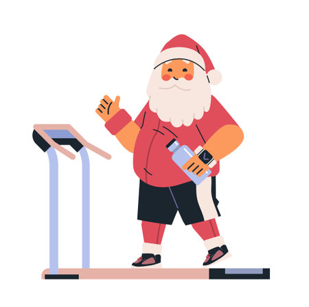 Santa Claus exercising on treadmill fitness theme cheerful Santa in sportswear holding water bottle smartwatch on wrist treadmill workout holiday healthのイラスト素材