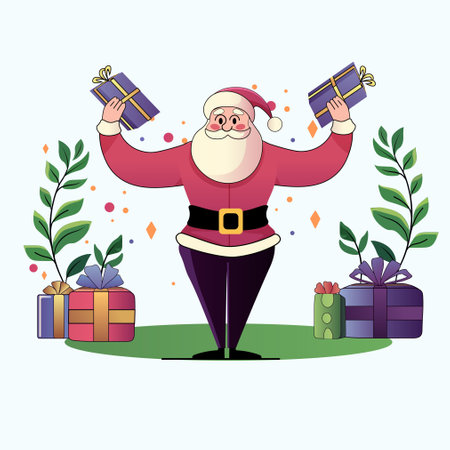 Santa Claus holding gifts festive scene colorful presents greenery cheerful holiday theme digital artのイラスト素材