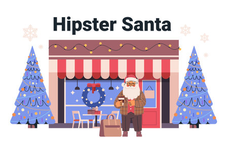 Hipster Santa holding coffee outside festive cafe decorated with Christmas trees and lights wearing plaid jacket and glasses winter holiday sceneのイラスト素材