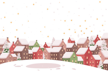Winter village snowy landscape with colorful houses snow-covered roofs pine trees and falling snowflakes on white background. Holiday season themeのイラスト素材