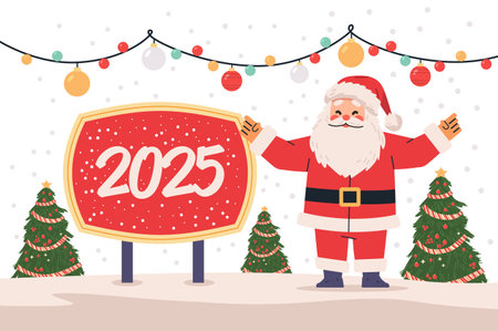 Santa Claus Christmas scene with festive decor. Santa stands with arms outstretched beside a large red sign. Background features Christmas trees and string lightsのイラスト素材