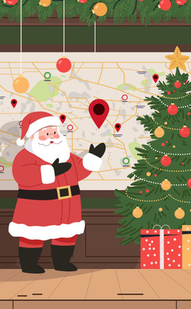 Santa Claus holiday planning Christmas map festive scene with Santa pointing at a map location near a decorated tree with gifts colorful ornamentsのイラスト素材