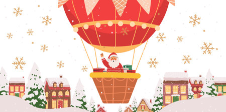 Santa Claus hot air balloon Christmas scene festive winter village snowflakes presents holiday designのイラスト素材