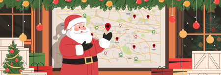 Santa Claus Christmas map planning festive scene presents pine tree decorations holiday theme colorful designのイラスト素材