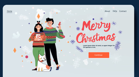 Christmas couple with dog celebrating holiday in festive sweaters surrounded by winter elements snowflakes and leaves website designのイラスト素材