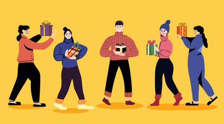 People exchanging gifts festive scene colorful apparel cheerful expressions yellow background flat designのイラスト素材