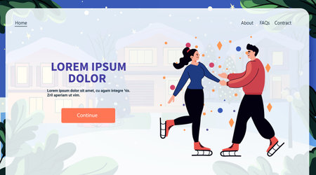 Ice skating couple winter scene festive background trees snowflakes website designのイラスト素材