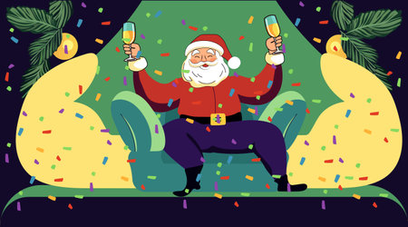 Santa Claus celebrating with champagne festive scene colorful confetti green armchair holiday decor digital artのイラスト素材