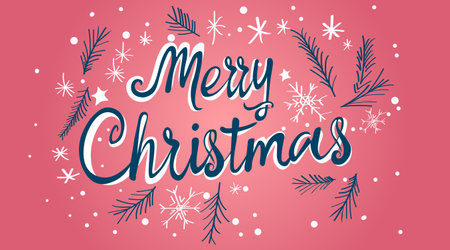 Merry Christmas festive design with snowflakes pine branches on red background holiday greeting card conceptのイラスト素材