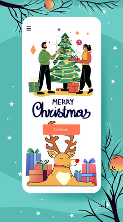 Christmas celebration festive scene with couple decorating tree surrounded by gifts and reindeer on mobile app screen design holiday themeのイラスト素材