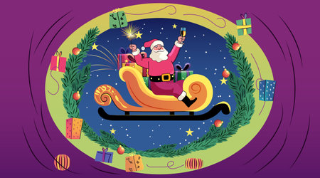 Santa Claus celebrating in sleigh festive scene. Santa holding champagne and sparklers surrounded by gifts stars and wreath on a purple backgroundのイラスト素材