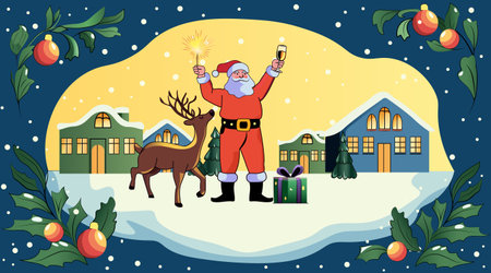 Santa Claus celebration festive winter scene holiday cheer reindeer snow gift houses decorated border colorful designのイラスト素材