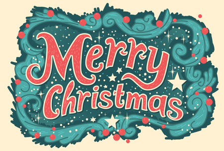Merry Christmas festive holiday design with stars swirls and red accents on teal background decorative elements seasonal greeting cardのイラスト素材