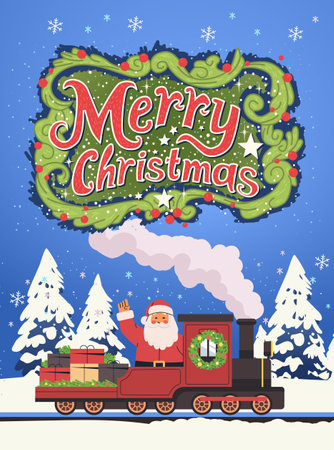 Santa Claus on Christmas train festive winter scene snow-covered trees presents colorful design holiday greeting cardのイラスト素材