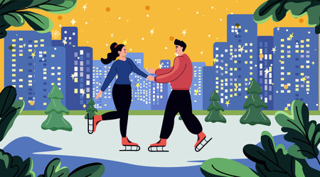Couple ice skating cityscape winter scene colorful buildings trees night sky digital artのイラスト素材