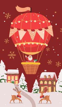 Santa in hot air balloon Christmas scene festive holiday winter landscape with reindeer snowflakes decorated houses snow-covered trees red backgroundのイラスト素材
