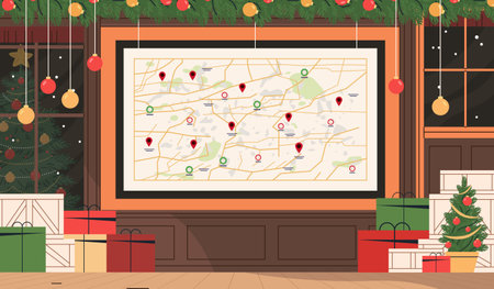 Christmas-themed room with map festive decorations. A large map with location pins hangs on the wall surrounded by gift boxes a decorated tree and garlandsのイラスト素材