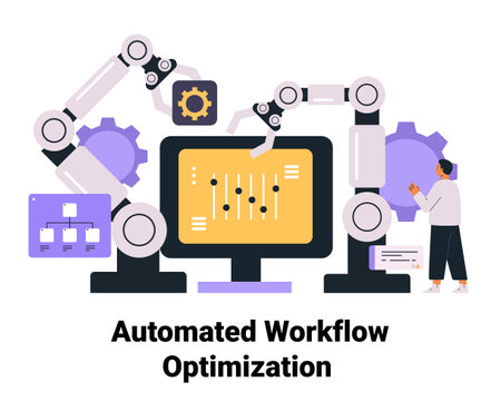 Automated workflow optimization robotic arms technology concept person interacting with computer...