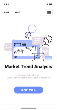 Market trend analysis concept with charts magnifying glass person analyzing data blue and gray tones landing page design sketch styleのイラスト素材