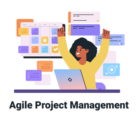 Agile project management concept with person celebrating success digital task board colorful interface laptop workspace modern designのイラスト素材