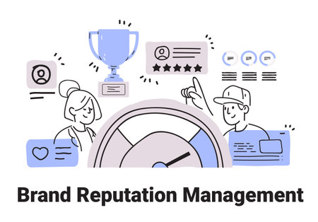 Brand reputation management concept with people trophy stars reviews and gauge minimalist hand drawnのイラスト素材