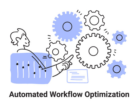 Automated workflow optimization concept with gears person interacting with controls blue accents minimalist designのイラスト素材