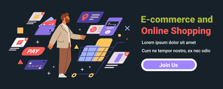 E-commerce and online shopping concept Man with shopping cart surrounded by digital payment icons and shopping elements on dark background. Website banner.のイラスト素材