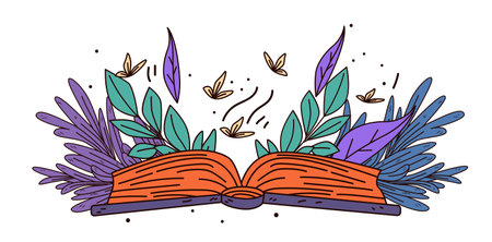 Open book with flying leaves and butterflies surrounded by colorful foliage in a whimsical nature scene. Ideal for educational themesのイラスト素材